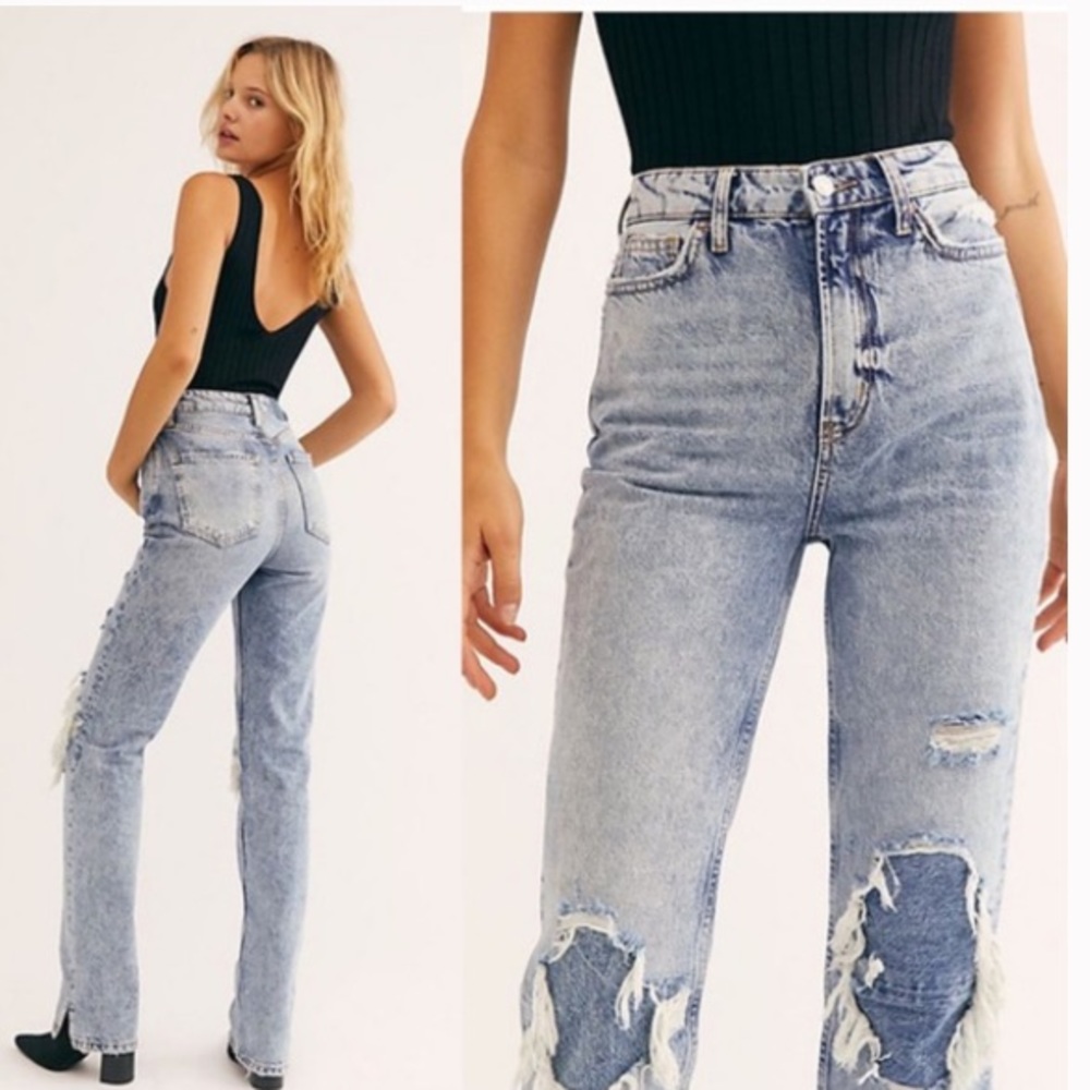 FREE PEOPLE My Own Lane Indigo Blue Distressed Jeans Size 27.